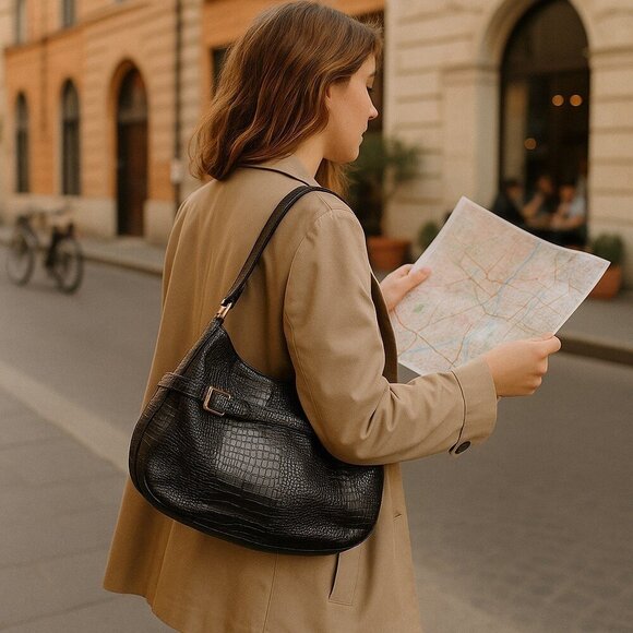 Vintage Etienne Aigner Black Embossed Leather Hobo Bag | Gold Buckle Accents - Picture 2 of 11